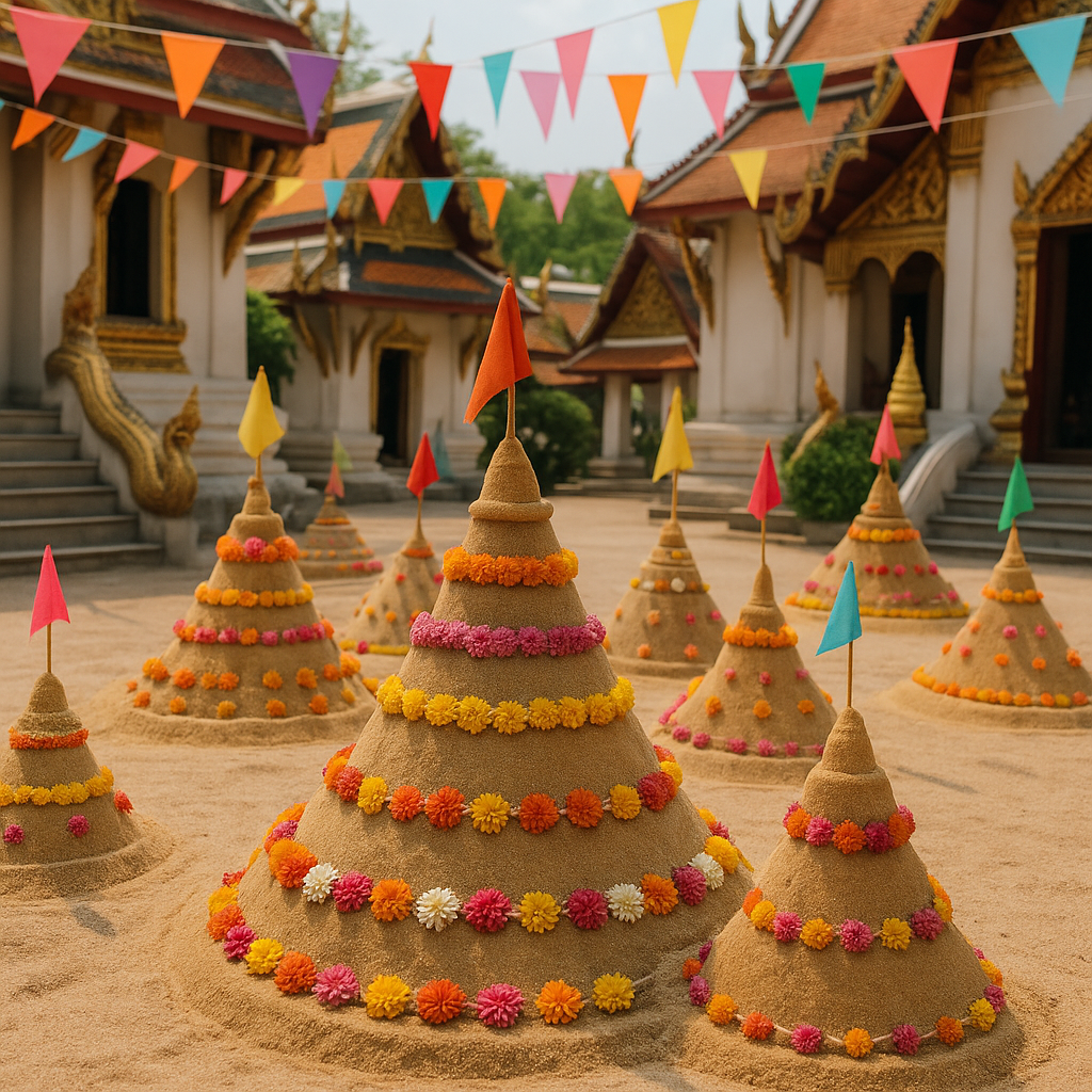 On the second day of the Songkran Festival, it is customary to build Chedi Sai, or sand pagodas. Shaped like cones, these pagodas range from knee to shoulder height and are decorated with flowers and flags. 